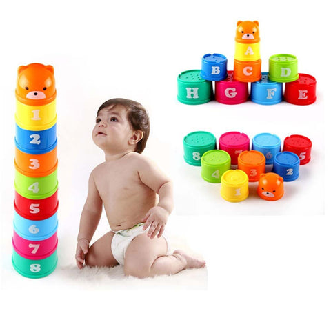 9PCS Mini Bear Stack Cup Educational Baby Toys Rainbow color Kids Figures Folding Tower Funny Piles Cup Number Letter Toy sets
